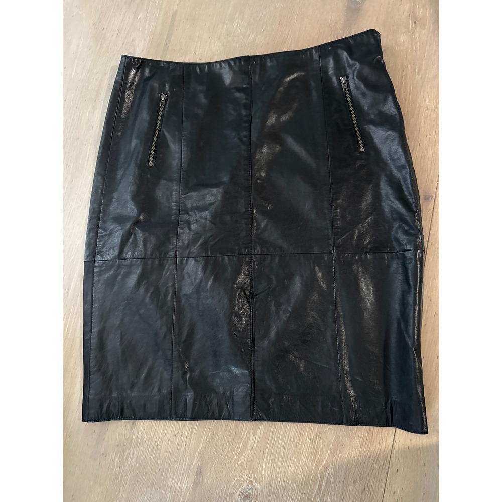 Halogen Black Leather Pencil Skirt Size 12 Front Zip Accents Paneled‎ HA254324M1